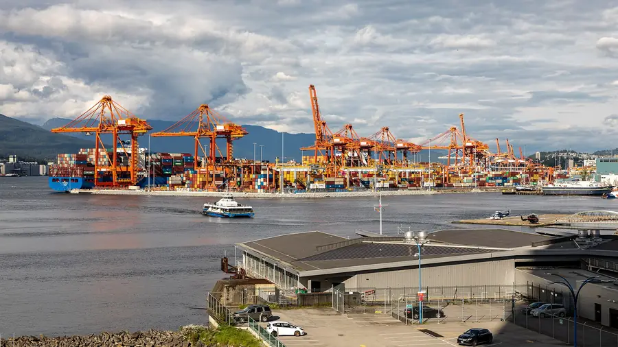Container terminal with cranes and cargo ship